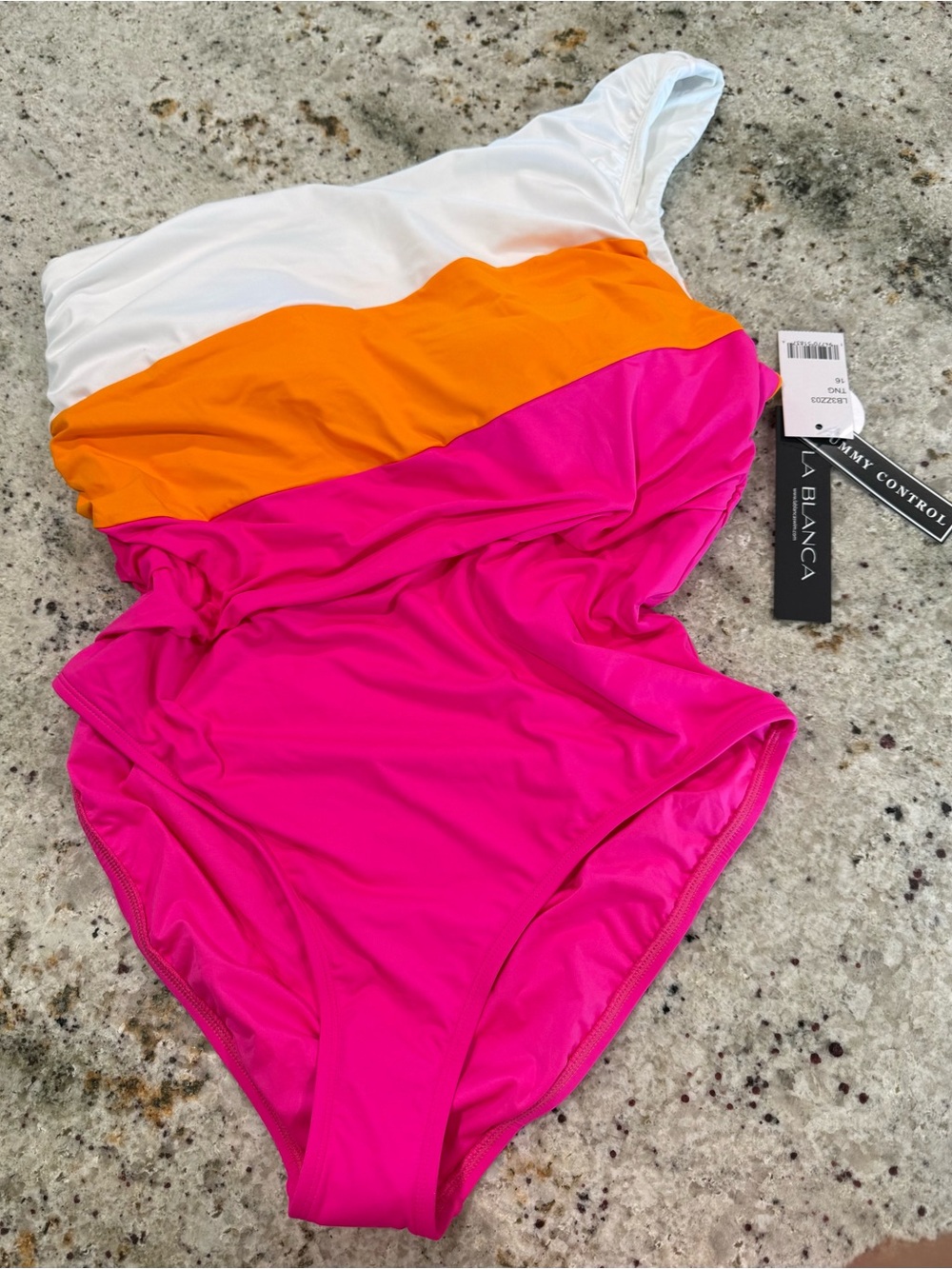 La Blanca Colorblock One-Piece One-Shoulder Swimsuit Hot Pink/Orange/White NWT